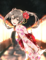 Rule 34 | 10s, 1girl, :d, alternate costume, arms behind back, blurry, blurry background, bokeh, brown eyes, cowboy shot, depth of field, floral print, flower, from side, green hair, hair flower, hair ornament, highres, japanese clothes, kantai collection, kimono, leaning forward, long sleeves, looking at viewer, obi, open mouth, own hands clasped, own hands together, pavement, rerubixi, sash, smile, solo focus, twintails, twitter username, wide sleeves, yukata, zuikaku (kancolle)