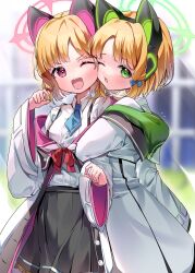 Rule 34 | 2girls, absurdres, animal ear headphones, animal ears, black skirt, blonde hair, blue archive, blue bow, blue necktie, blush, bow, breasts, collared shirt, commentary, fake animal ears, green eyes, green halo, hair bow, halo, headphones, highres, jacket, long sleeves, midori (blue archive), momoi (blue archive), multicolored clothes, multicolored jacket, multiple girls, necktie, nyaruin, one eye closed, open mouth, pink halo, pleated skirt, red bow, red eyes, shirt, short hair, siblings, sisters, skirt, small breasts, smile, twins, two-tone jacket, white jacket, white shirt