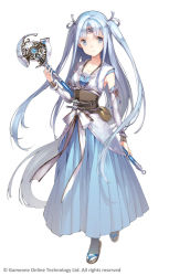 Rule 34 | 1girl, bandages, holding behind back, blue eyes, blue hair, blue skirt, bow, breasts, buckle, closed mouth, collarbone, commentary request, corset, dagger, detached sleeves, full body, hair ribbon, headband, holding, holding staff, knife, long hair, long skirt, long sleeves, md5 mismatch, official art, original, parted bangs, pouch, resolution mismatch, ribbon, ritsuki, sandals, simple background, skirt, small breasts, smile, socks, solo, source smaller, staff, tareme, twintails, very long hair, weapon, white background, white bow, white ribbon, white socks