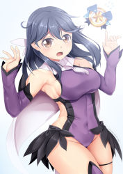 Rule 34 | alternate costume, armpits, bare shoulders, black hair, breasts, brown eyes, cape, commentary request, cosplay, detached sleeves, fate/kaleid liner prisma illya, fate (series), hair between eyes, hair ribbon, highres, kantai collection, large breasts, leotard, long hair, looking at viewer, magical girl, miyu edelfelt, miyu edelfelt (cosplay), navel, open mouth, purple leotard, purple sleeves, ribbon, sideboob, simple background, tears, thigh strap, thighs, ushio (kancolle), white background, yasume yukito