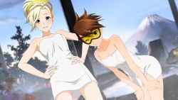 Rule 34 | 2girls, ;), blonde hair, blue eyes, blue sky, breasts, brown hair, cleavage, collarbone, day, derivative work, dutch angle, hair between eyes, hair ornament, hands on own hips, hands on lap, high ponytail, highres, leaning forward, looking at viewer, mercy (overwatch), mount fuji, multiple girls, naked towel, one eye closed, overwatch, overwatch 1, shiny skin, short hair, sky, small breasts, smile, standing, towel, tracer (overwatch), white towel