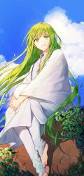 Rule 34 | 1other, absurdres, androgynous, artist name, barefoot, blue sky, cloud, commentary request, day, ede, enkidu (fate), eyelashes, fate/grand order, fate (series), feet, floating hair, grass, green eyes, green hair, grin, highres, knee up, leaf, long hair, long sleeves, looking at viewer, no shoes, on wall, other focus, outdoors, pants, parted lips, plant, robe, sidelocks, sitting, sitting on wall, sky, smile, solo, stone wall, teeth, toes, twitter username, very long hair, vines, wall, white pants, white robe, wide sleeves, wind