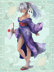 Rule 34 | 1girl, :d, bare shoulders, blue kimono, breasts, cleavage, dark-skinned female, dark skin, fireworks print, folding fan, full body, green background, grey hair, hair intakes, hand fan, holding, holding fan, japanese clothes, kerberos blade, kimono, kurutia dorent, large breasts, looking at viewer, maki (seventh heaven maxion), open mouth, pointy ears, ponytail, red eyes, sandals, smile, standing, wide sleeves, zouri