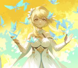Rule 34 | 1girl, antenna hair, bare shoulders, blonde hair, breasts, chinese commentary, cleavage, commentary request, crystalfly (genshin impact), detached sleeves, dress, flower, genshin impact, hair flower, hair ornament, halterneck, hands up, highres, looking at viewer, lumine (genshin impact), open hands, open mouth, short hair with long locks, smile, solo, upper body, white dress, xiang wan wei wan, yellow background, yellow eyes