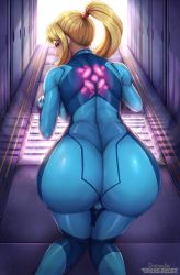 Rule 34 | 1girl, all fours, ass, backboob, blonde hair, blue eyes, breasts, cameltoe, evomanaphy, from behind, highres, huge ass, large breasts, long hair, looking at viewer, looking back, metroid, nintendo, ponytail, samus aran, shiny clothes, shiny skin, skin tight, solo, zero suit