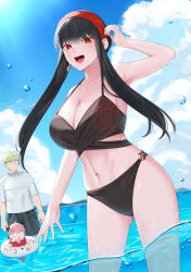 Rule 34 | 0 0, 1boy, 2girls, :d, anya (spy x family), arm up, bikini, black bikini, black hair, blonde hair, blue sky, bond (spy x family), breasts, child, cloud, day, earrings, family, gold earrings, hairband, highres, innertube, jewelry, large breasts, long hair, looking at another, looking at viewer, multiple girls, navel, ocean, open mouth, outdoors, pink hair, red eyes, red hairband, shirt, sidelocks, sky, smile, spy x family, stomach, swim ring, swimsuit, teeth, thighs, twilight (spy x family), tyaaaaaaba, upper teeth only, wading, water, white shirt, yor briar