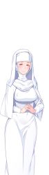 Rule 34 | 1girl, blue eyes, blush, breasts, butcha-u, covered erect nipples, dress, eloise sussex, eyebrows, eyelashes, game cg, habit, kenzen! hentai seikatsu no susume, legs, long sleeves, looking at viewer, medium breasts, nun, original, own hands together, smile, solo, standing, thighs, transparent background, white dress