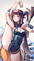 Rule 34 | 1girl, absurdres, bare shoulders, barefoot, black dress, blue eyes, blue fire, blunt bangs, blush, breasts, china dress, chinese clothes, cleavage, closed mouth, detached sleeves, dpea9, dress, fate/grand order, fate (series), feet, fire, gradient background, hair ornament, highres, large breasts, leaf hair ornament, legs, long hair, looking at viewer, pipa (instrument), purple hair, smile, solo, split, standing, standing on one leg, standing split, stretching, twintails, very long hair, yang guifei (fate), yang guifei (second ascension) (fate)