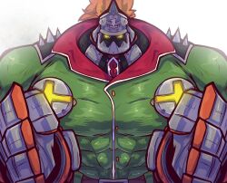 Rule 34 | 1boy, bara, boo rad13y, coat, gloves, glowing, glowing eyes, guilty gear, huge pectorals, humanoid robot, large hands, looking at viewer, male focus, muscular, muscular male, potemkin (guilty gear), robot, shoulder spikes, solo, spikes, straight-on, upper body