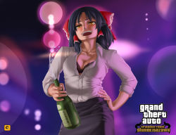 Rule 34 | 1girl, alcohol, alternate costume, black bra, black hair, black skirt, bottle, bow, bra, breasts, cleavage, commentary request, cookie (touhou), cowboy shot, frilled bow, frills, grand theft auto, grand theft auto: episodes from liberty city, grand theft auto iv, hair bow, hair tubes, hakurei reimu, half updo, hand on own hip, highres, holding, holding bottle, lens flare, looking at viewer, manatsu no yo no inmu, medium breasts, megafaiarou (talonflame 810), office lady, open mouth, purple background, sake, sake bottle, sananana (cookie), shirt, shirt tucked in, short hair, skirt, solo, standing, teeth, touhou, unbuttoned, unbuttoned shirt, underwear, white shirt, yellow eyes