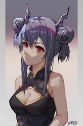 Rule 34 | 1girl, absurdres, arknights, artist name, bare shoulders, black dress, breasts, ch&#039;en (ageless afterglow) (arknights), ch&#039;en (arknights), china dress, chinese clothes, cleavage, cleavage cutout, clothing cutout, commentary, double bun, dragon horns, dress, drid, hair bun, highres, horns, long hair, looking at viewer, medium breasts, official alternate costume, purple hair, red eyes, sidelocks, signature, sleeveless, sleeveless dress, smile, solo, upper body