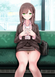Rule 34 | 1girl, @ @, asymmetrical bangs, bag, blush, breasts, brown hair, brown jacket, cellphone, closed mouth, collared shirt, commentary request, eyelashes, feet out of frame, green eyes, hands up, highres, holding, jacket, knees together feet apart, large breasts, legs, long hair, looking at viewer, miniskirt, nail polish, office lady, ol-chan (oouso), oouso, original, panties, panties under pantyhose, pantyhose, pencil skirt, phone, pink nails, pink shirt, see-through, see-through legwear, shadow, shirt, shoulder bag, sidelocks, sitting, skirt, smartphone, solo, thighs, train interior, underwear, upskirt, white pantyhose