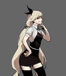 Rule 34 | 1girl, belt, black bow, black dress, black hairband, black ribbon, blonde hair, bow, bow hairband, breasts, cleavage, closed mouth, dress, gogalking, grey background, grey shirt, hair bow, hair ribbon, hairband, hand on own hip, hand up, highres, long hair, looking at viewer, low-tied long hair, open clothes, open shirt, original, pencil dress, puffy short sleeves, puffy sleeves, red eyes, ribbon, shirt, short dress, short sleeves, simple background, smile, solo, twintails, very long hair