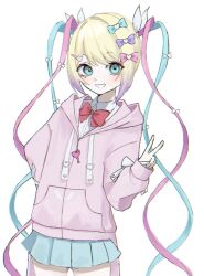 Rule 34 | 1girl, :d, blonde hair, blue bow, blue eyes, blue hair, blue skirt, bow, chouzetsusaikawa tenshi-chan, collared shirt, commentary, cowboy shot, hair bow, hair ornament, hand up, highres, hood, hood down, hooded jacket, jacket, long hair, long sleeves, looking at viewer, multicolored hair, multiple hair bows, needy girl overdose, official alternate costume, open mouth, pink bow, pink hair, pink jacket, pleated skirt, purple bow, quad tails, sano (sn xxxx xx333), shirt, simple background, skirt, smile, solo, standing, symbol-only commentary, v, white background, white shirt