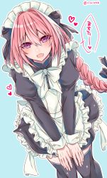 Rule 34 | 1boy, alternate costume, apron, astolfo (fate), bad id, bad pixiv id, black thighhighs, braid, enmaided, fang, fate/apocrypha, fate (series), heart, highres, maid, maid headdress, male focus, open mouth, pink hair, purple eyes, shisei (kyuushoku banchou), single braid, smile, solo, thighhighs, translation request, trap