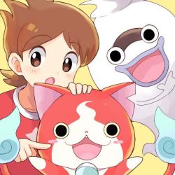 Rule 34 | 10s, 1boy, amano keita, bad id, bad pixiv id, blush stickers, brown eyes, brown hair, cat, fangs, ghost, jibanyan, lowres, mei (maysroom), multiple tails, notched ear, open mouth, purple lips, red shirt, shirt, short hair, simple background, star (symbol), t-shirt, tail, traditional youkai, two tails, whisper (youkai watch), yellow background, youkai watch