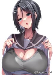 Rule 34 | 1girl, :o, black hair, black skirt, blue eyes, blush, bra, brand name imitation, breasts, calvin klein, cleavage, clothes lift, grey bra, highres, large breasts, lifted by self, long hair, looking at viewer, open mouth, original, parted bangs, potassium oh, sailor collar, school uniform, serafuku, shirt, shirt lift, short hair, simple background, skirt, solo, twitter username, underwear, upper body, white background, white serafuku, white shirt