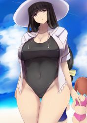 Rule 34 | 10s, 3girls, bags under eyes, beach, black hair, black one-piece swimsuit, breasts, brown eyes, casual one-piece swimsuit, covered navel, cowboy shot, day, frilled swimsuit, frills, girls und panzer, gluteal fold, hat, highres, hood, hoodie, jacket, large breasts, long hair, looking at viewer, low-tied long hair, mature female, mother and daughter, multiple girls, nishizumi maho, nishizumi miho, nishizumi shiho, one-piece swimsuit, siblings, sisters, solo focus, standing, sun hat, swimsuit, white hat, white jacket, wide hips, yuzumiya mono