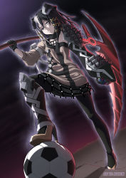 Rule 34 | 1girl, ball, bare shoulders, black gloves, black hair, black pantyhose, black skirt, breasts, closed mouth, commentary, english commentary, from below, gauntlets, gloves, hair between eyes, hair ornament, heterochromia, highres, holding, holding scythe, holding weapon, keyliom, looking at viewer, multicolored hair, overlord (maruyama), pantyhose, rubik&#039;s cube, scythe, shoulder spikes, single gauntlet, skirt, small breasts, smile, soccer ball, solo, spiked gauntlets, spikes, sweater, two-tone hair, weapon, white eyes, white hair, x hair ornament, antilene heran fouche