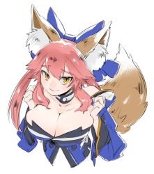Rule 34 | 10s, 1girl, animal ears, bell, neck bell, breasts, choker, cleavage, collar, detached sleeves, fate/extra, fate/extra ccc, fate/grand order, fate (series), fox ears, fox tail, hair ribbon, hikizan, japanese clothes, large breasts, long hair, pink hair, ribbon, simple background, solo, tail, tamamo no mae (fate/extra), upper body, white background, yellow eyes