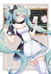 Rule 34 | 1girl, animal ears, aqua eyes, aqua hair, black bow, blue bow, blue nails, blush, bow, breasts, cat ears, cleavage, coffee cup, cup, disposable cup, hair bow, hatsune miku, highres, holding, holding pen, long hair, looking at viewer, medium breasts, nail polish, open mouth, pen, perri (mnemosine), smile, solo, spoon, thighhighs, twintails, vocaloid, white thighhighs, wrist cuffs