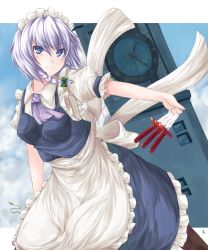 Rule 34 | 1girl, arcadia090, bad id, bad pixiv id, blue eyes, braid, clock, clock tower, cloud, dutch angle, female focus, hairband, highres, izayoi sakuya, knife, looking at viewer, maid, outdoors, ribbon, short hair, silver hair, sky, smile, solo, throwing knife, touhou, tower, twin braids, weapon
