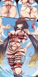 Rule 34 | 1girl, absurdres, bagelbomb, bare shoulders, bdsm, bikini, black hair, blindfold, blush, bondage, bound, breasts, cleavage, fate/grand order, fate (series), goggles, goggles on head, highres, holster, large breasts, long hair, multi-strapped bikini, multiple boys, multiple views, osakabehime (fate), osakabehime (swimsuit archer) (fate), osakabehime (swimsuit archer) (second ascension) (fate), outdoors, pink bikini, pink scarf, red eyes, scarf, sex toy, shibari, ski goggles, skindentation, solo focus, swimsuit, thigh holster, twintails, very long hair, vibrator, vibrator in thigh strap, wet