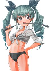Rule 34 | 1girl, absurdres, anchovy (girls und panzer), bikini, bikini under clothes, black bikini, black ribbon, breasts, brown eyes, collared shirt, commentary, cowboy shot, drill hair, girls und panzer, green hair, hair ribbon, hand on own hip, helmet (trailblazer003), highres, holding riding crop, long hair, long sleeves, navel, open mouth, ribbon, riding crop, see-through, shirt, simple background, small breasts, smile, solo, standing, swimsuit, tied shirt, twin drills, twintails, white background, wing collar