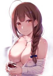 Rule 34 | 1girl, ahoge, areola slip, blouse, blush, braid, breasts, brown eyes, brown hair, cai geng, collarbone, collared shirt, hair over shoulder, idolmaster, idolmaster shiny colors, jewelry, kuwayama chiyuki, large breasts, long braid, long hair, long sleeves, looking at viewer, necklace, open clothes, open shirt, shirt, simple background, single braid, smile, solo, white background, white shirt
