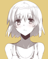 Rule 34 | 10s, 1girl, bad id, bad pixiv id, bare shoulders, blush, breasts, brown background, cleavage, looking at viewer, monochrome, nishio rina, ootani mikoto, parted lips, portrait, short hair, simple background, small breasts, solo, soukyuu no fafner, tank top