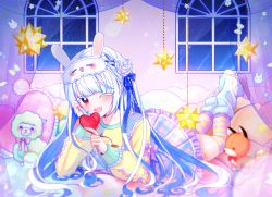 Rule 34 | 1girl, ;d, bad id, bad pixiv id, blue hair, blush, candy, colored eyelashes, curtains, falling star, flower, food, frilled skirt, frills, full body, hair flower, hair ornament, heart, heart-shaped lollipop, holding, holding candy, holding food, holding lollipop, indoors, legs up, lollipop, long hair, long sleeves, looking at viewer, lying, mamel 27, mask, mask on head, multicolored hair, night, night sky, on stomach, one eye closed, open mouth, original, plaid, plaid skirt, pleated skirt, puffy long sleeves, puffy sleeves, red eyes, rose, shaped lollipop, shirt, skirt, sky, sleep mask, smile, solo, star (sky), starry sky, streaked hair, striped clothes, striped thighhighs, stuffed alpaca, stuffed animal, stuffed fox, stuffed toy, teeth, thighhighs, transparent, upper teeth only, very long hair, white flower, white hair, white rose, window, yellow shirt