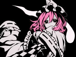 Rule 34 | 1girl, checkered clothes, covered mouth, covering own mouth, frilled sleeves, frills, hair between eyes, hand over own mouth, hand up, hat, hitodama, japanese clothes, kimono, kyouda suzuka, looking at viewer, medium hair, mob cap, monochrome, pink hair, ribbon-trimmed sleeves, ribbon trim, saigyouji yuyuko, sleeves past fingers, sleeves past wrists, solo, spot color, third-party source, touhou, triangular headpiece, upper body