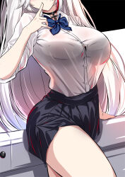 1girl akeyama_kitsune alternate_costume azur_lane bra_visible_through_clothes breasts face_out_of_frame finger_on_lips jewelry large_breasts long_hair necklace prinz_eugen_(azur_lane) ribbon school_uniform shirt sitting skirt wet wet_clothes white_hair