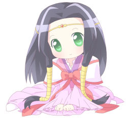Rule 34 | 00s, 1girl, black hair, bow, bowtie, capelet, chibi, code geass, dress, full body, green eyes, long hair, long sleeves, looking at viewer, mirai (sugar), pink dress, red bow, red bowtie, sidelocks, simple background, solo, sumeragi kaguya, white background