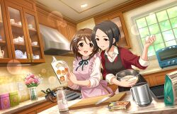 Rule 34 | 2girls, aihara yukino, apron, black hair, braid, brown eyes, brown hair, ceiling light, egg, flower, forehead, game cg, idolmaster, idolmaster cinderella girls, idolmaster cinderella girls starlight stage, jewelry, kitchen, knife, multiple girls, neck ribbon, necklace, official art, open mouth, plate, ribbon, scone, smile, thick eyebrows, togo ai, window