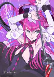 Rule 34 | 10s, 1girl, :d, absurdres, armpits, arms up, blue eyes, detached sleeves, dress, elizabeth bathory (fate), elizabeth bathory (fate/extra ccc), elizabeth bathory (first ascension) (fate), fate/extra, fate/extra ccc, fate (series), female focus, flat chest, g bow wow, highres, holding, holding weapon, looking at viewer, open mouth, purple hair, smile, solo, weapon