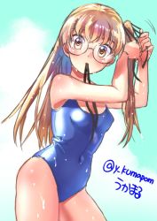 Rule 34 | 10s, 1girl, adjusting hair, alternate hairstyle, artist name, black ribbon, blue one-piece swimsuit, breasts, brown eyes, commentary, covered navel, cowboy shot, girls und panzer, glasses, green background, hair down, hair ribbon, hair tie in mouth, leaning forward, light brown hair, long hair, looking at viewer, motion lines, mouth hold, one-hour drawing challenge, one-piece swimsuit, oono aya, ribbon, round eyewear, school swimsuit, small breasts, solo, standing, swimsuit, thighs, twitter username, tying hair, ukamaru, wet, wet clothes, wet swimsuit
