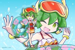 Rule 34 | 1girl, bracelet, collarbone, draco centauros, dragon girl, dragon horns, dragon tail, dragon wings, fang, flip-flops, goggles, goggles on head, green eyes, green hair, holding, holding swim ring, horns, innertube, jewelry, looking at viewer, one-piece swimsuit, one eye closed, open mouth, pointy ears, puyopuyo, sandals, short hair, smile, snorkel, solo, swim ring, swimsuit, tail, takazaki piko, twitter username, wings