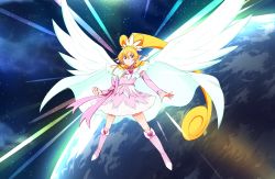Rule 34 | 1girl, aida mana, arm warmers, ayatori (sensei heroism), blonde hair, boots, bow, brooch, cape, choker, clenched hand, cure heart, cure heart (parthenon mode), curly hair, dokidoki! precure, flying, full body, half updo, heart, heart brooch, highres, jewelry, knee boots, long hair, magical girl, pink bow, pink eyes, pink footwear, planet, ponytail, precure, skirt, smile, solo, white skirt, wing brooch, wings