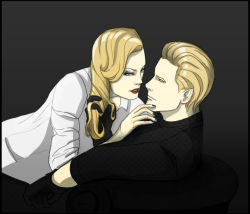 Rule 34 | siblings, albert wesker, alex wesker, almost kiss, black gloves, black nail polish, blonde hair, blue eyes, eye contact, feartheoverseer, gloves, hand on chin, looking at another, nail polish, red lips, resident evil, resident evil: revelations 2, straddling, yellow eyes