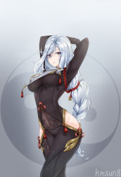 Rule 34 | 1girl, arms up, artist name, blue eyes, blush, bodysuit, braid, breasts, covered navel, genshin impact, grey background, highres, kitsun8, large breasts, long hair, looking at viewer, low-braided long hair, low-tied long hair, parted lips, shenhe (genshin impact), silver hair, solo, thighs, yin yang