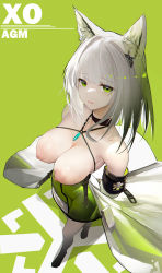 Rule 34 | 1girl, animal ears, arknights, bare shoulders, breasts, choker, dress, from above, green background, green dress, green eyes, kal&#039;tsit (arknights), large breasts, nipples, no bra, omone hokoma agm, pantyhose, short hair, simple background, standing, white hair