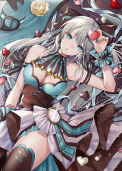 Rule 34 | 1girl, akatsuki hijiri, alternate costume, aqua nails, arm strap, artist name, bare shoulders, blue eyes, blush, breasts, brown thighhighs, dress, fate/grand order, fate (series), flower, grey hair, heart, highres, holding, large breasts, long hair, looking at viewer, lying, morgan le fay (fate), morgan le fay (valentine witches) (fate), nail polish, on back, parted lips, signature, solo, thighhighs, thighs