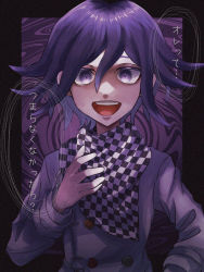 Rule 34 | 1boy, :d, black border, black scarf, blush, border, buttons, checkered clothes, checkered neckwear, checkered scarf, danganronpa (series), danganronpa v3: killing harmony, double-breasted, flipped hair, grey jacket, hair between eyes, hand up, highres, iwashi (kamekazusa), jacket, long sleeves, looking at viewer, open mouth, oma kokichi, purple background, purple eyes, purple hair, scarf, smile, solo, teeth, translation request, upper body, upper teeth only, white scarf