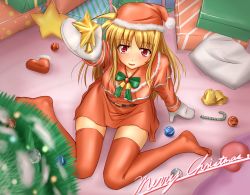 Rule 34 | 00s, bell, blonde hair, blush, bow, candy, candy cane, christmas, christmas tree, dress, fate testarossa, food, gift, hat, highres, long hair, lyrical nanoha, mahou shoujo lyrical nanoha, mahou shoujo lyrical nanoha strikers, merry christmas, mittens, moonlight (base), red eyes, red thighhighs, santa costume, santa hat, sitting, solo, star (symbol), thighhighs