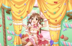 Rule 34 | 1girl, :d, breasts, brown eyes, brown hair, cake, cleavage, curtains, dress, drill hair, food, frilled dress, frills, hair bobbles, hair ornament, heart, highres, idolmaster, idolmaster cinderella girls, idolmaster cinderella girls starlight stage, large breasts, looking at viewer, microphone, open mouth, red dress, sidelocks, sitting, smile, solo, strapless, strapless dress, striped clothes, striped thighhighs, sweet valentine (idolmaster), thighhighs, totoki airi, twin drills, window, wrist cuffs, yellow curtains