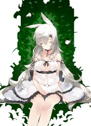 Rule 34 | 1girl, absurdres, ahoge, animal ears, bare arms, bare shoulders, bird, black choker, breasts, rabbit hair ornament, chick, choker, closed mouth, commentary, dress, ear down, closed eyes, green background, hair between eyes, hair ornament, hairclip, highres, kou mashiro, legs together, long hair, medium breasts, original, rabbit ears, silver hair, sitting, sleeping, sleeveless, sleeveless dress, solo, strap slip, symbol-only commentary, very long hair, white dress