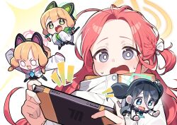 4girls :3 :o animal_ear_headphones animal_ears aqua_bow aqua_halo aqua_necktie aris_(blue_archive) black_hairband black_skirt black_thighhighs blonde_hair blue_archive blue_eyes bow cat_ears cat_tail chibi commentary_request confused fake_animal_ears falling forehead frilled_skirt frills gachop99 game_development_department_(blue_archive) green_eyes green_halo grey_eyes grey_hair hair_between_eyes hair_bow hairband halo handheld_game_console headphones highres holding holding_handheld_game_console jacket long_hair long_hair_between_eyes medium_hair messy_hair midori_(blue_archive) mini_person minigirl momoi_(blue_archive) multiple_girls necktie nintendo_switch notice_lines open_mouth outstretched_arms own_hands_together pink_halo red_hair scared short_ponytail siblings side_ponytail sidelocks simple_background sisters skirt sparkle sweat tail tail_raised thighhighs twins v-shaped_eyebrows very_long_hair white_background white_bow white_eyes white_jacket yellow_halo yuzu_(blue_archive)