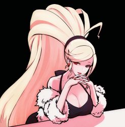 Rule 34 | 1girl, ahoge, bare shoulders, black background, blonde hair, breasts, cleavage, dress, earrings, fingernails, fur trim, heterochromia, high ponytail, hilda (under night in-birth), interlocked fingers, jewelry, large breasts, lipstick, long hair, looking at viewer, makeup, nail polish, own hands clasped, own hands together, ponytail, purple eyes, red eyes, red lips, red nails, simple background, slit pupils, smile, solo, tb (spr1110), under night in-birth, under night in-birth exe:late[st], very long hair