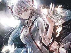 Rule 34 | &gt;:), 1girl, backlighting, bad id, bad twitter id, bow, breasts, closed mouth, dress shirt, fire, floating hair, fujiwara no mokou, full moon, hair bow, jan (lightdragoon), light smile, long hair, looking at viewer, medium breasts, moon, night, one-hour drawing challenge, red eyes, shirt, silver hair, sleeves rolled up, solo, suspenders, touhou, upper body, v-shaped eyebrows, very long hair, white shirt